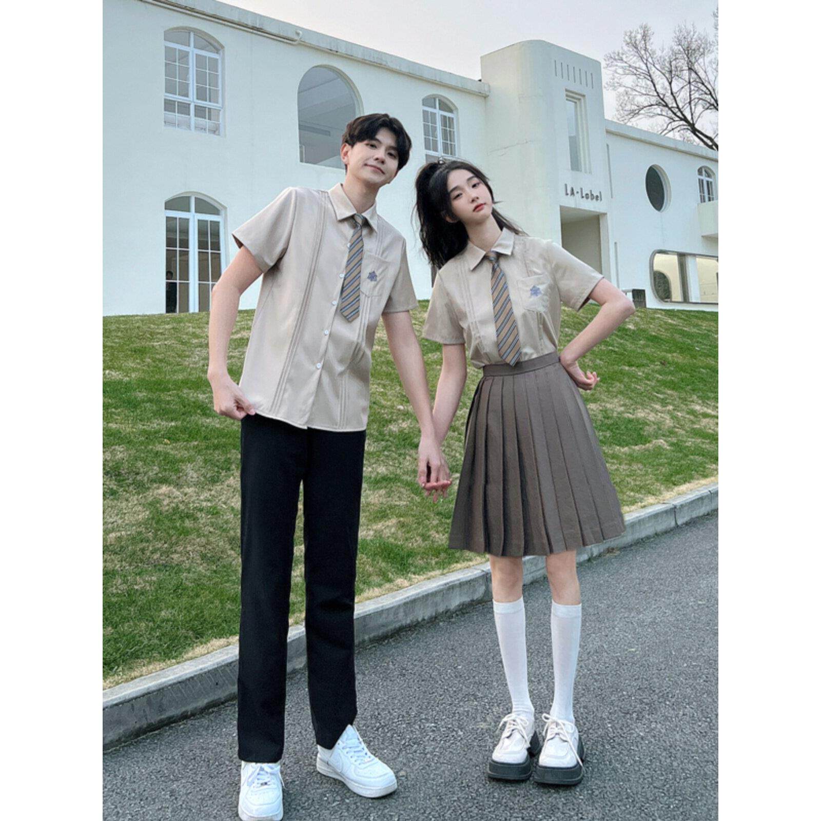 JK制服套装韩版学院风短袖衬衫奶茶色百褶裙初高中小学生毕业班服