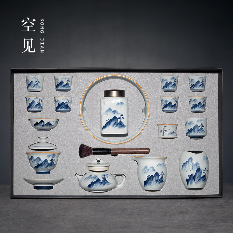 手绘功夫茶具套组青花瓷茶杯盖碗茶壶礼盒轻奢陶瓷2026新款景德镇