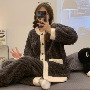秋冬季 V领绒可爱珊瑚外加绒PEX厚家居服可 睡衣女法兰加绒长袖 长裤