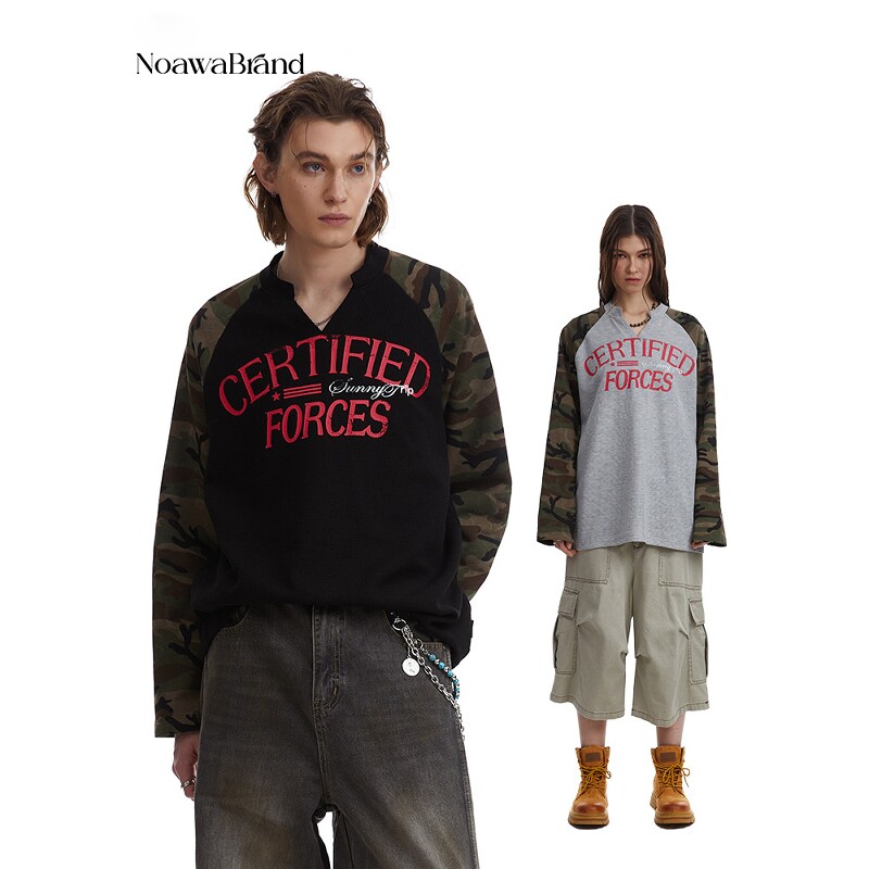 NoawaBrand|复古迷彩插肩袖长袖t恤上衣打底衫男款美式情侣上衣