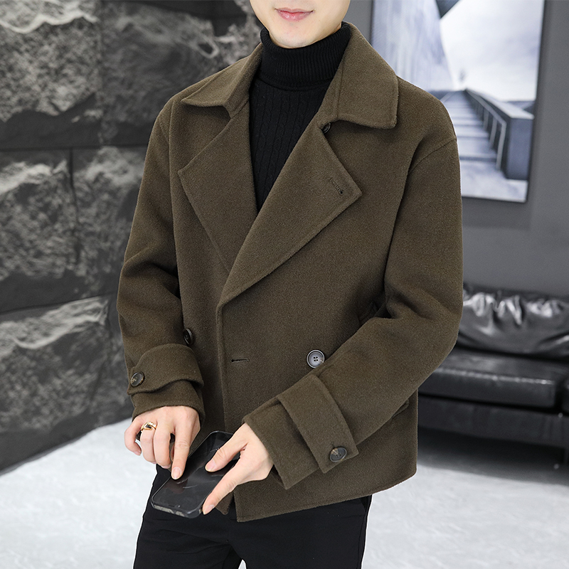 高档纯羊毛大衣男冬季新款双排扣毛呢外套韩版修身双面呢短款男装