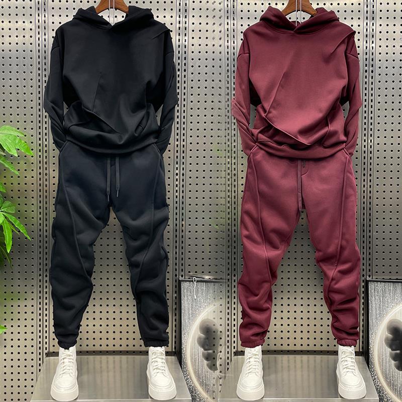 高端男士连帽卫衣休闲套装2025春秋冬季加绒运动潮流卫裤韩版纯色