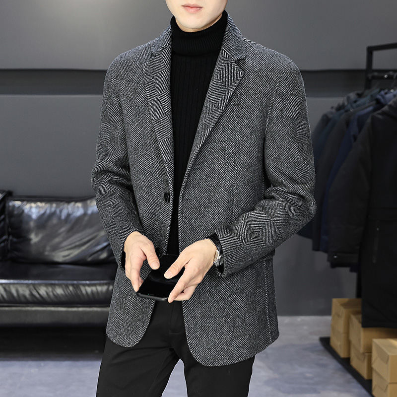 格纹西服男商务休闲 羊毛小西装男士双面呢大衣短款轻奢呢子外套