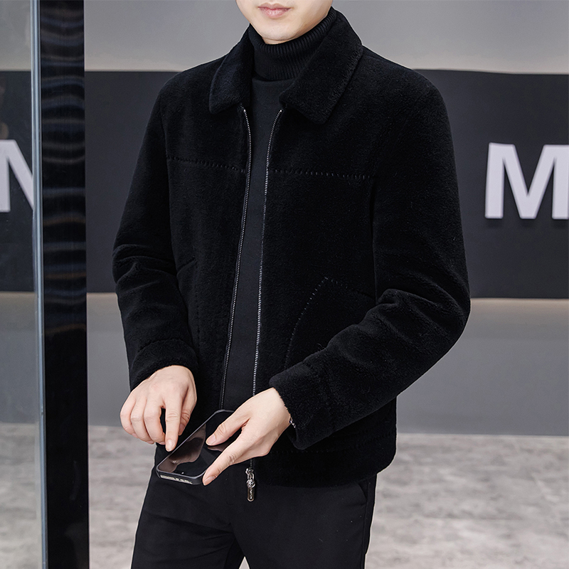 高端纯羊毛皮草外套男秋冬韩版翻领羊剪绒夹克百搭潮短款男装上衣