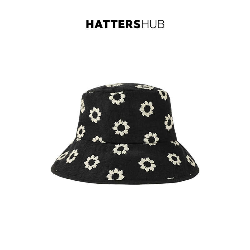 帽仕汇HATTERSHUB 帽子女黑白撞色小清新渔夫帽刺绣小花儿遮阳帽