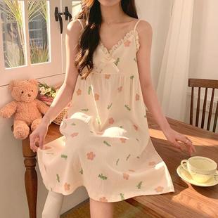 新款 带胸垫吊带睡裙泡泡棉睡衣女夏季 甜美小清新蝴蝶结学生家居服