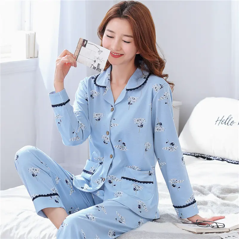 睡衣女春秋季纯棉长袖套装棉质中老年妈妈加大薄款可外穿家居服夏