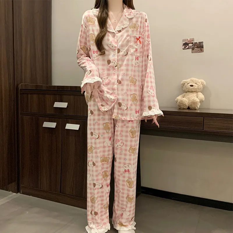 新款ins甜美蝴蝶结小兔家居服仿棉睡衣春秋长袖女居家服两件套