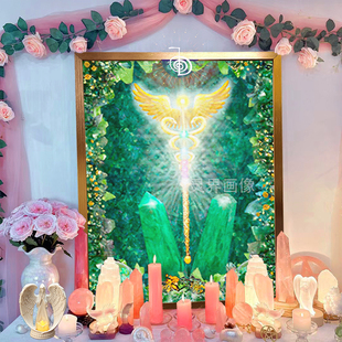 JADE双蛇杖水晶健康天使画像灵气挂画摆件祭坛仪式冥想引导装饰画