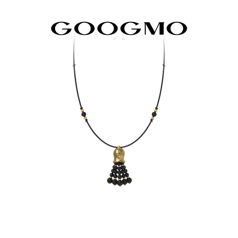GOOGMO可抽拉黑玛瑙项链复古轻奢小众设计长款毛衣链铃兰串珠吊坠