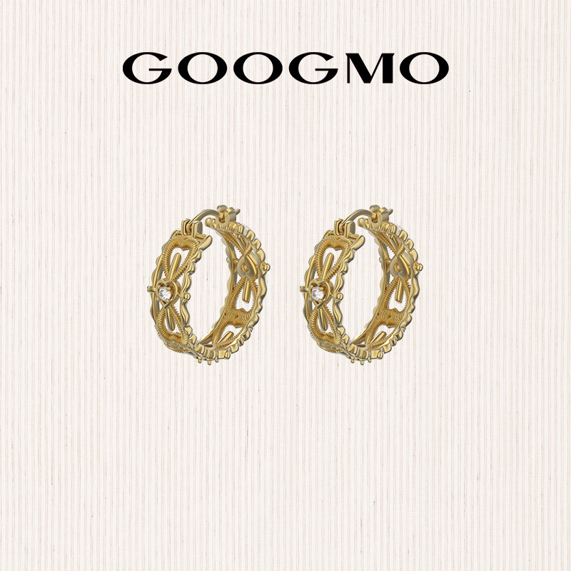 GOOGMO金色耳环高级感复古轻奢小众精致耳圈独特气质心形锆石耳饰