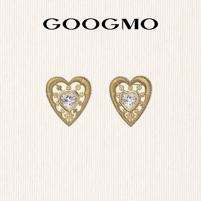 GOOGMO金色爱心耳钉女小众高级感镂空心形锆石耳环轻奢爱心耳饰