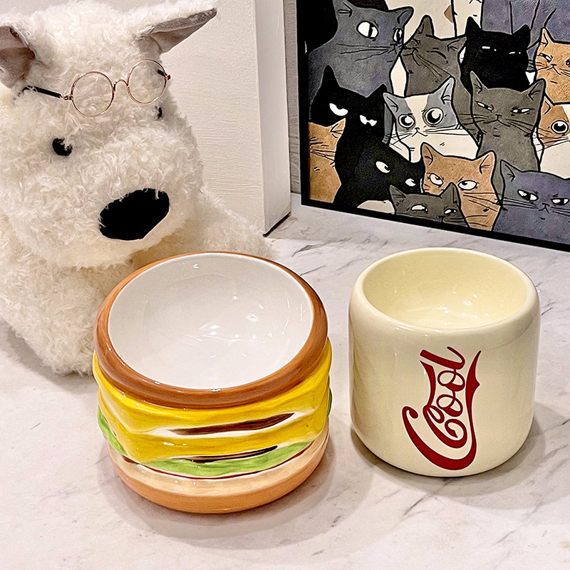 猫碗狗食盆陶瓷斜口高脚护颈