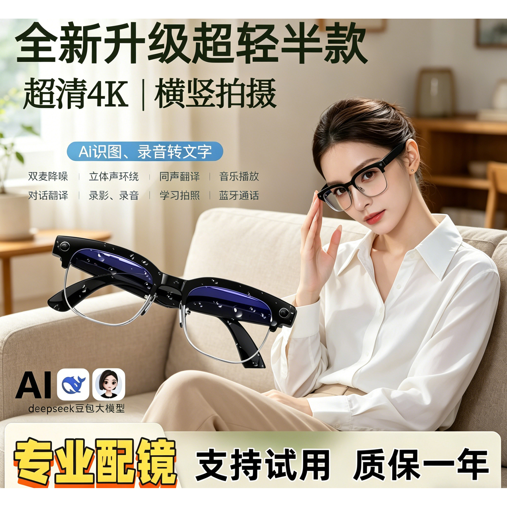 全新AI智能眼镜翻译4K高清拍照录