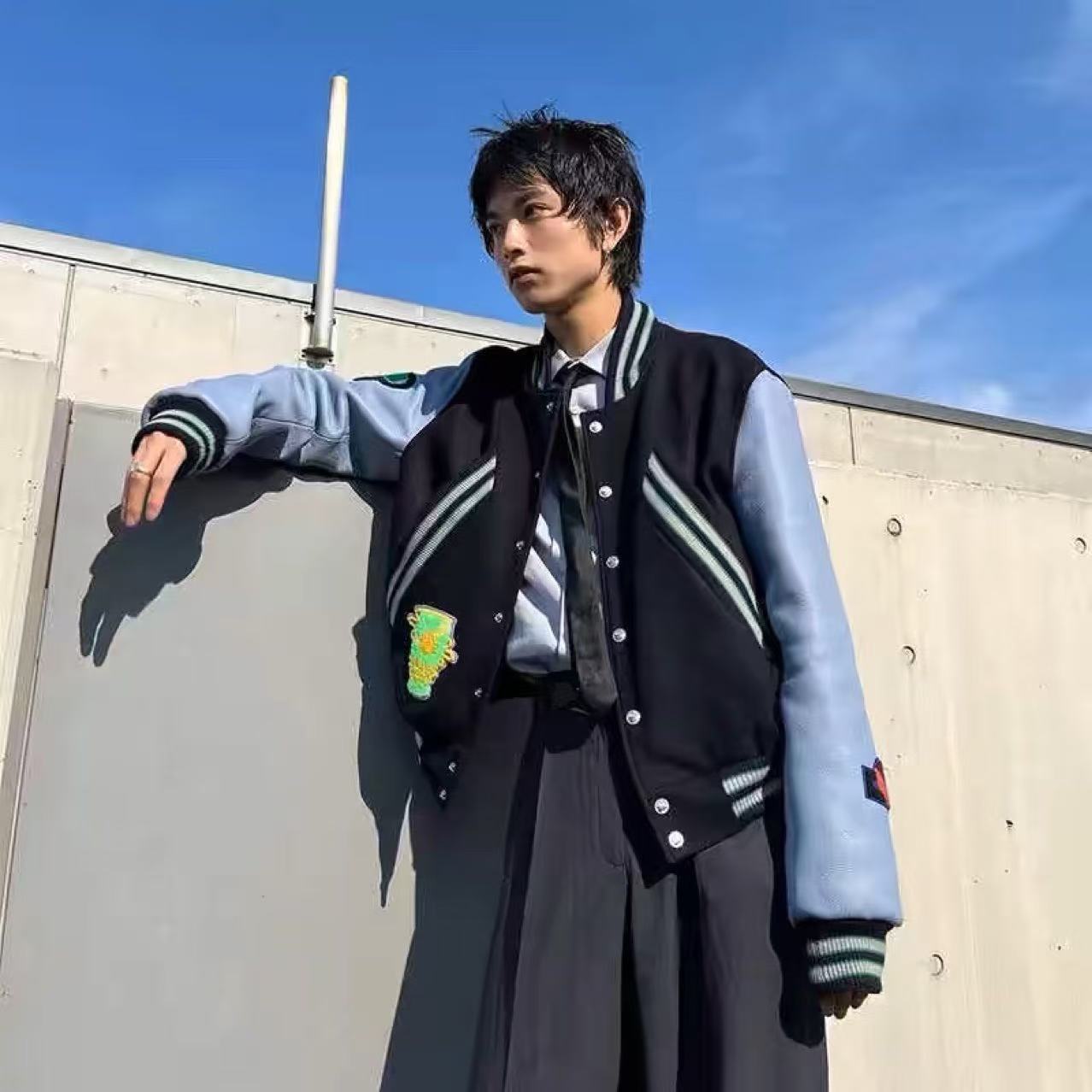 富士山自主Kiko刺绣章仔棒球服男女高街撞色拼接短款羊毛外套夹克