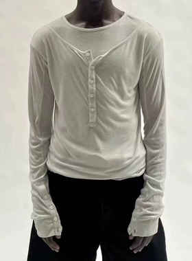 NoFaith自主高弹混纺双层纽扣黑白双色修身内搭圆领双层基础长袖