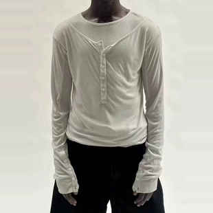 NoFaith自主高弹混纺双层纽扣黑白双色修身内搭圆领双层基础长袖