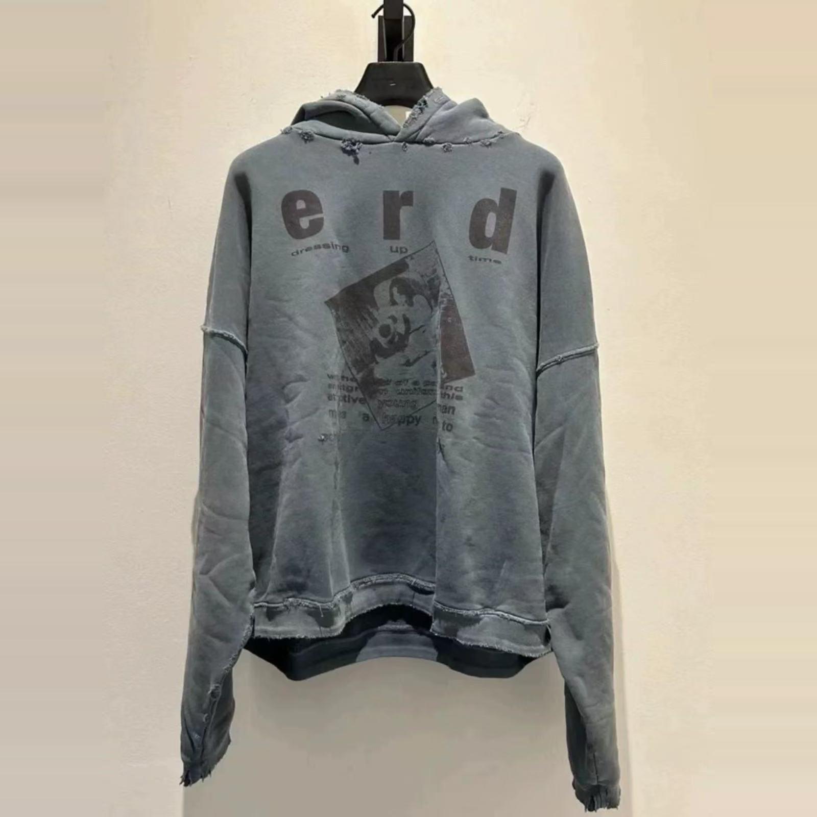 现货ERD忧郁的富二代破坏水洗做旧长袖帽衫男高街宽松连帽卫衣潮