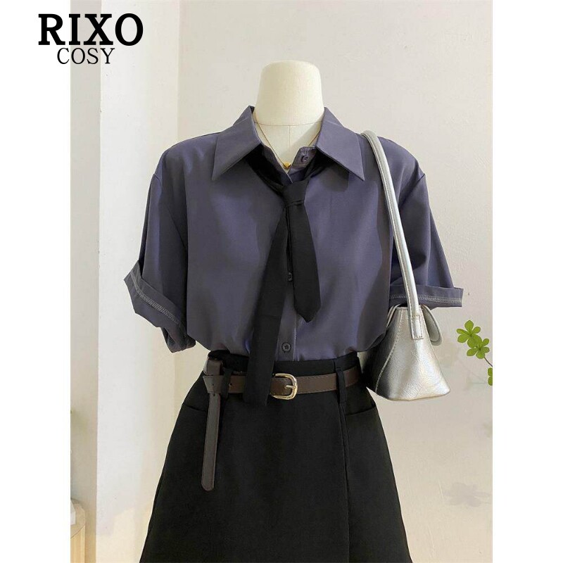 RIXO COSY灰紫色简约气质复古设计感领带短袖衬衫女夏季新款上衣