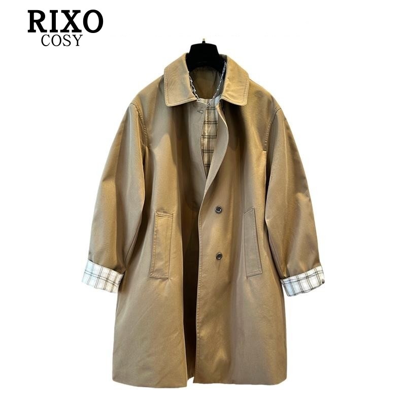 RIXO COSY英伦风格子翻领中长款风衣女2025秋冬新款宽松洋气外套