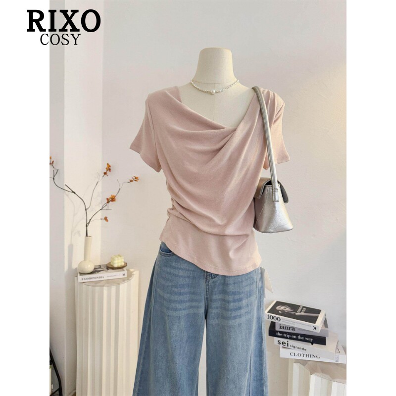 RIXO COSY粉色不规则荡领短袖T恤女夏季设计感短款温柔风露肩上衣