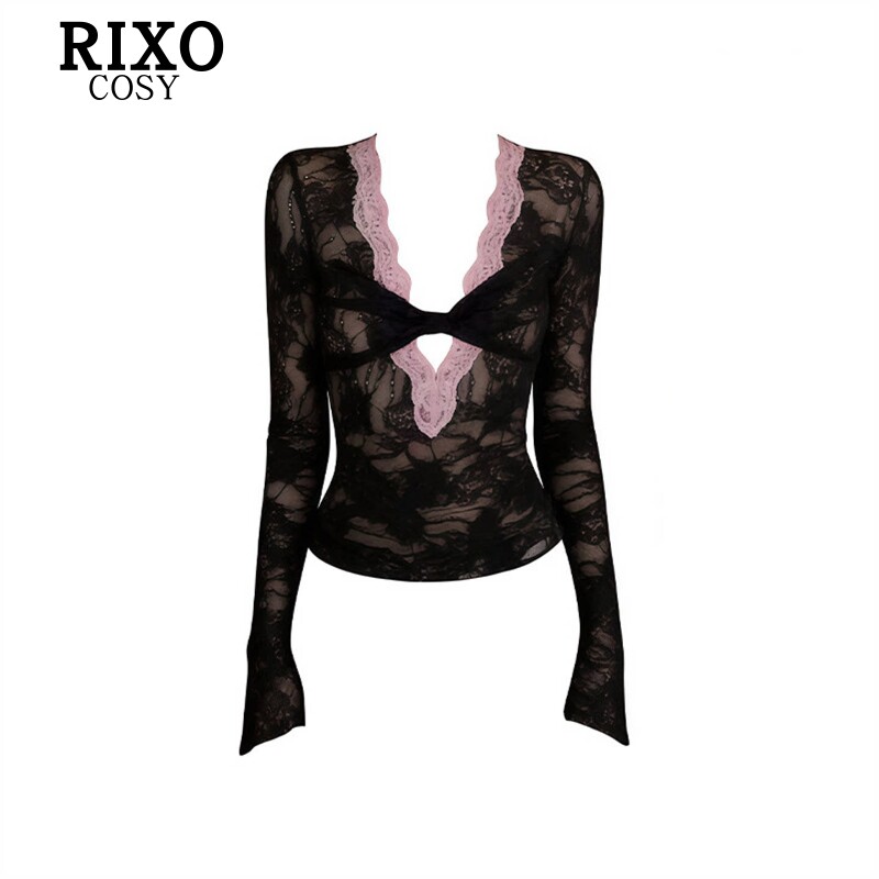 RIXO COSY扭结设计蕾丝拼接V领打底衫女性感纯欲内搭修身长袖T恤