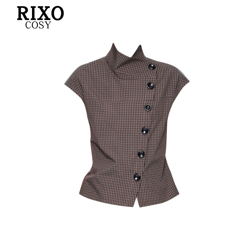 RIXO COSY棕色格纹正肩短袖衬衫女夏美式学院风立领修身辣妹上衣
