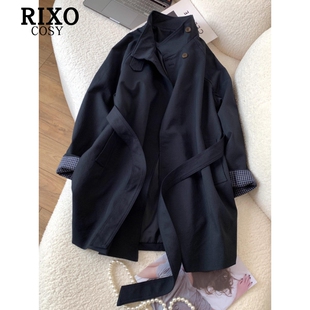 RIXO COSY立领中长款风衣女秋腰带格子卷袖藏蓝色休闲小个子外套