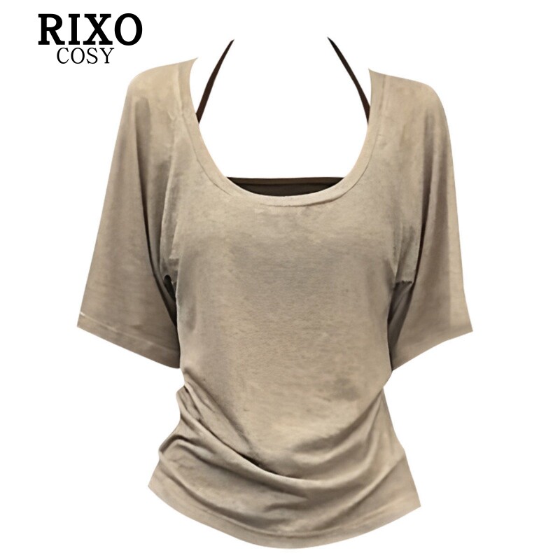 RIXO COSY纯欲风辣妹宽松短袖罩衫T恤女夏带胸垫挂脖吊带背心上衣