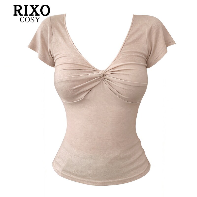 RIXO COSY纯欲V领扭结短袖上衣女夏辣妹风收腰显瘦百搭设计感内搭