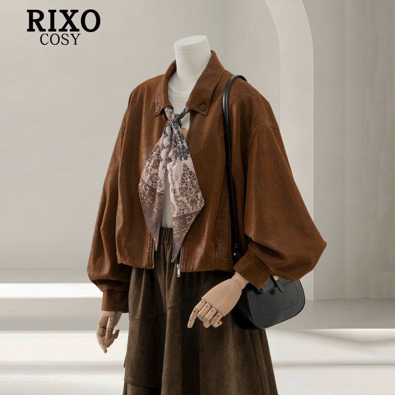 RIXO COSY复古棕色外套女短款小个子丝巾搭配气质百搭夹克上衣潮