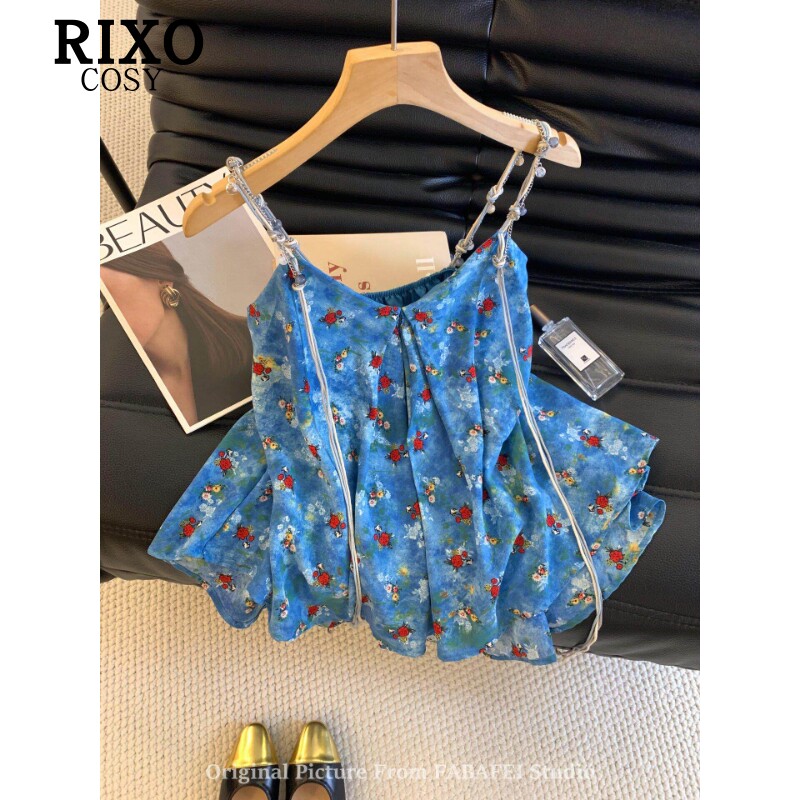 RIXO COSY纯欲风蓝色碎花吊带背心女夏季扎染荷叶边飘带无袖上衣