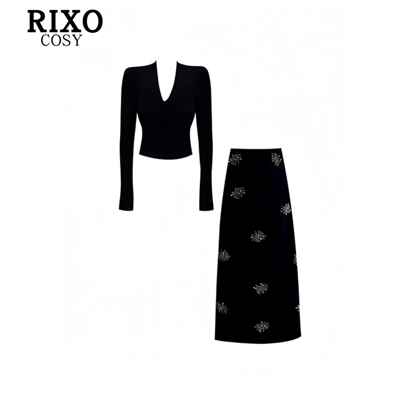 RIXO COSY早秋新款气质百搭显瘦V领长袖上衣烫钻半身裙两件套装女