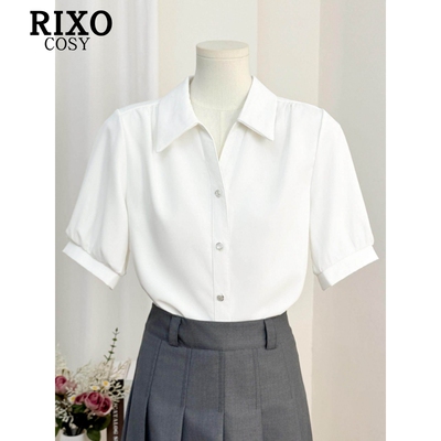 RIXO COSY法式白色缎面短袖衬衫女夏季款面试职业通勤正装v领上衣