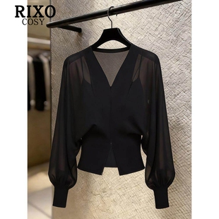 RIXO COSY法式高级感黑色气质防晒衬衫夏季宽松纯色雪纺女款上衣