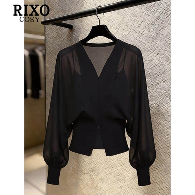 RIXO COSY法式高级感黑色气质防晒衬衫夏季宽松纯色雪纺女款上衣