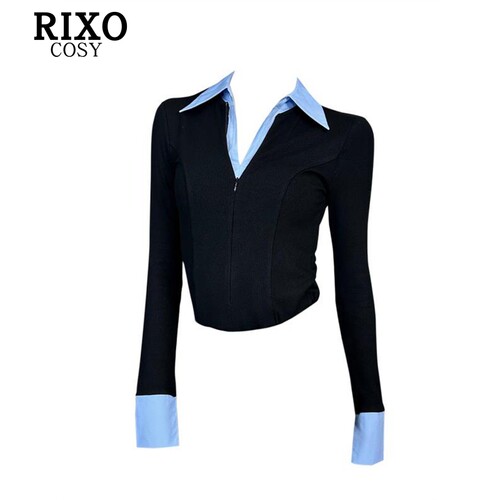 RIXO COSY高级感撞色假两件POLO领上衣女早秋修身显瘦内搭打底衫