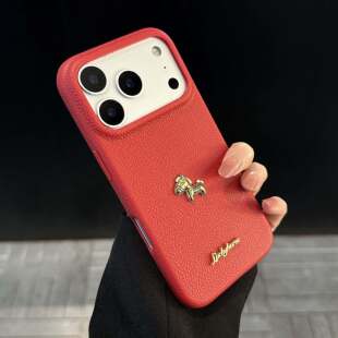 新年红色荔枝纹皮质适用苹果17promax手机壳iPhone16马年2026新款立体金马15全包防摔13好看14女款ip12外壳
