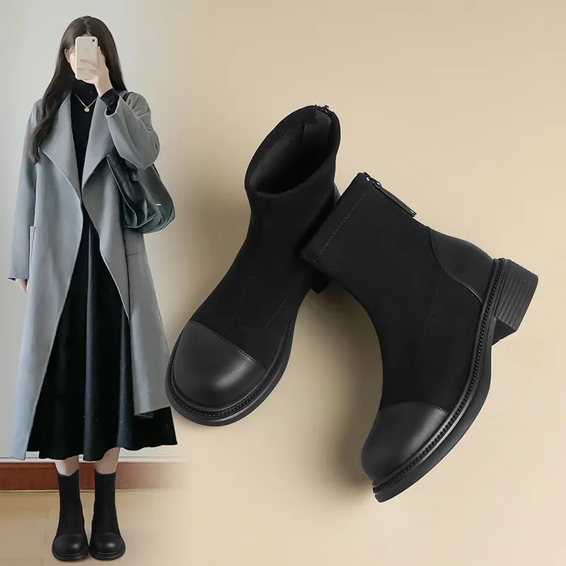 绒面加绒短靴女2024冬季新款弹力甜酷瘦瘦靴气质百搭靴子