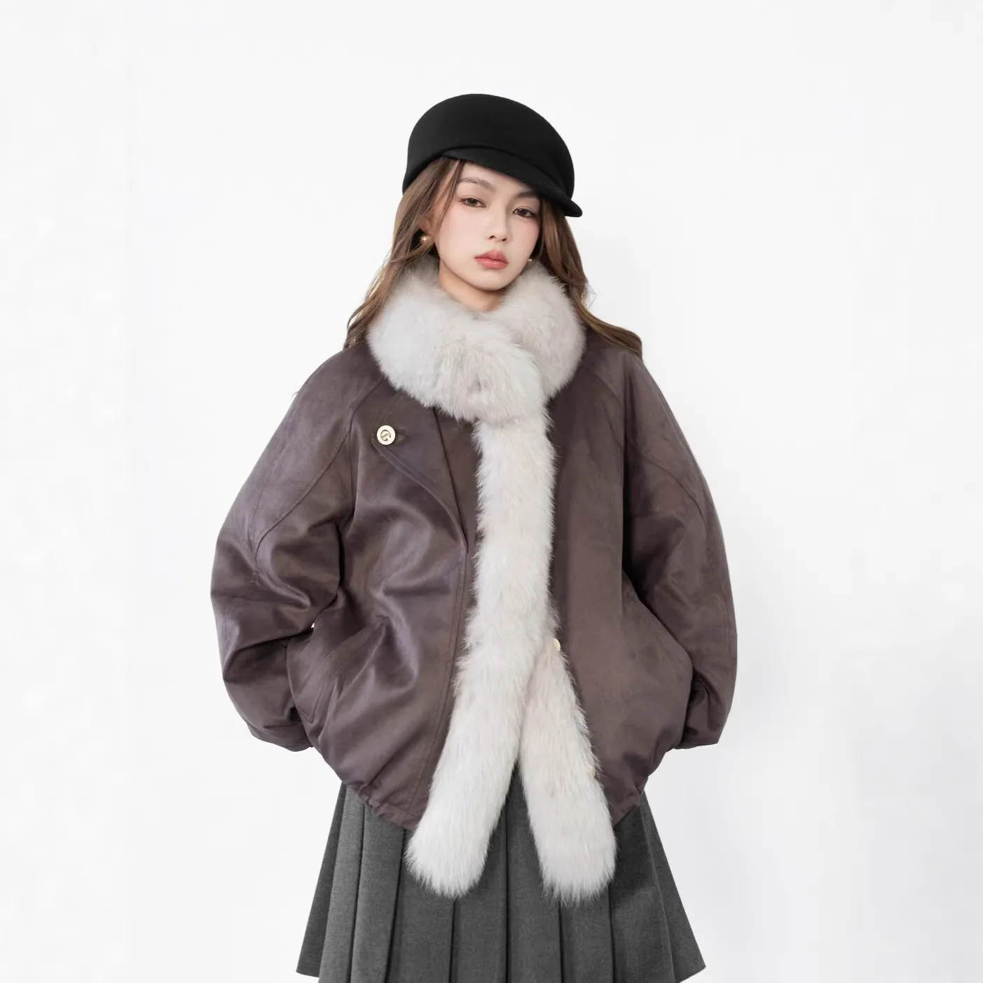 Vicky's暗香|狐狸毛围脖深紫咖麂皮绒短款皮草鹅绒外套大衣女