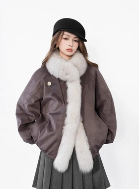 Vicky's暗香｜狐狸毛围脖深紫咖麂皮绒短款皮草鹅绒外套大衣女