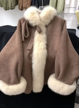 法式气质毛领拼接蝴蝶结外套秋冬款加棉加厚大衣高级贵气设计减龄