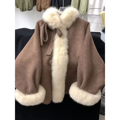 法式气质毛领拼接蝴蝶结外套秋冬款加棉加厚大衣高级贵气设计减龄