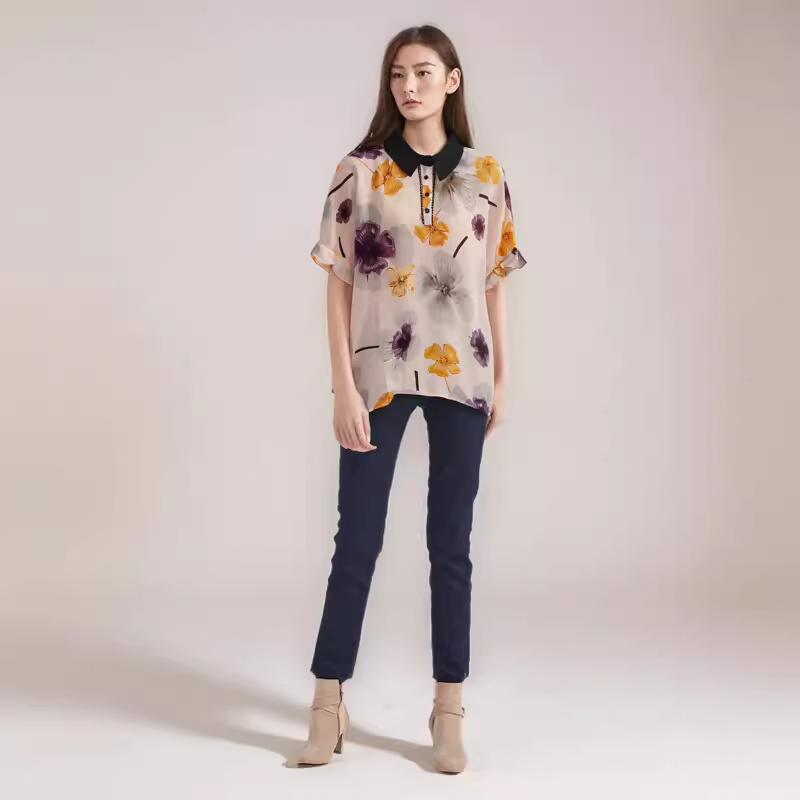 外贸女装夏装新款淑女大花图案黑色翻领短袖宽松雪纺衬衫衬衣