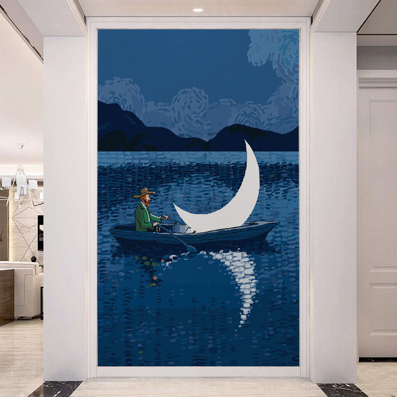 老人与海油画客厅蓝色大海背景墙纸壁画玄关抽象月亮小船肌理壁画