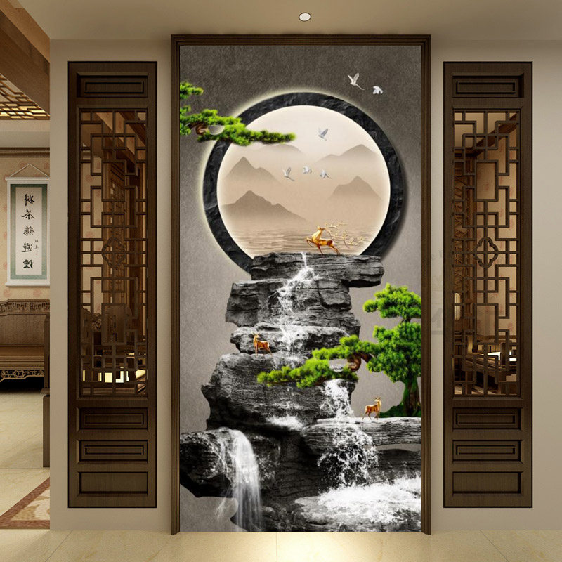 入户玄关高级感新中式走廊过道壁画轻奢竖版玄幻背景墙正对门墙纸