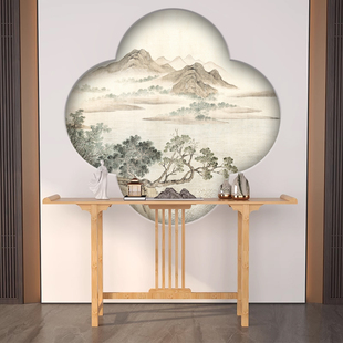 新中式圆形装饰画入户玄关走廊山水画壁画梅花型形状画芯墙纸壁纸