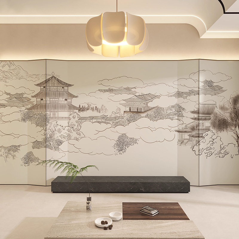 新中式线描阁楼3D立体浮雕壁布电视背景定制壁画饭店餐厅装饰墙布图片
