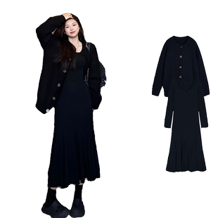 今年流行漂亮套装裙子秋冬季2026新款赫本风长裙黑色针织开衫外套
