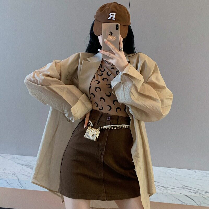 时髦洋气炸街三件套装春夏季防晒西装外套月亮印花背心高腰短裙子